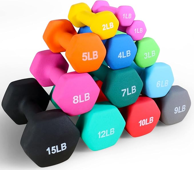 Neoprene Dumbbell Hand Weights, Anti-Slip, Anti-roll, Hex Shape Colorful, Pair or Set with Stand