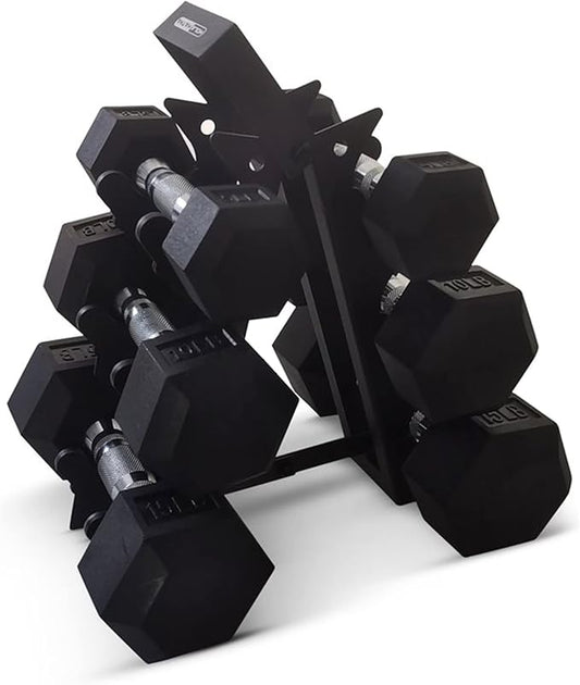 HolaHatha Hexagonal Dumbbell Free Hand Weight Set w/Rack