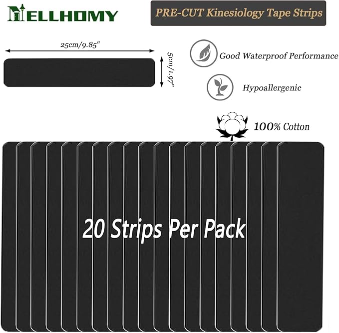 Kinesiology Tape Precut-20 Strips| [10in x 2in] Elastic Breathable Athletic Tape for Joints Support & Muscle Pain Relief-Cotton Waterproof K Taping Sports Tape Perfect for Any Activity (Black)
