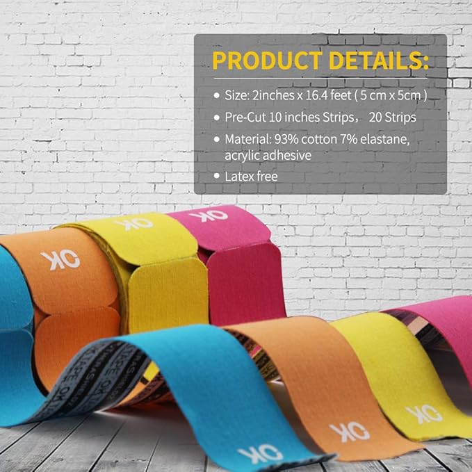 OK TAPE Kinesiology Tape 10 inches Precut, 20 Strips, Cotton Elastic Athletic Tape Latex Free, 2in x 16ft, Yellow