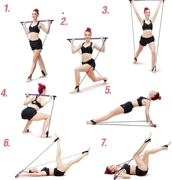 Pilates Bar Kit Perfect for Home Office Gym 4Pcs Resistance 3Pcs Adjustable 2Pcs Feet (10Pcs Set)