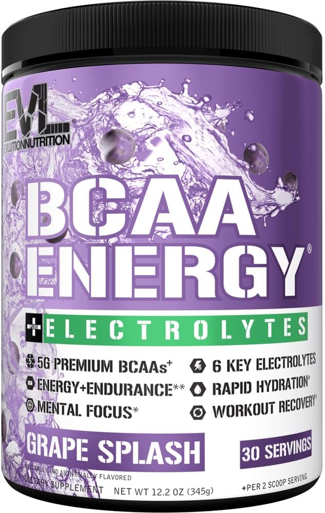 EVL BCAAs Amino Acids Powder - BCAA Energy Pre Workout Powder for Muscle Recovery Lean Growth and Endurance - Rehydrating Post Workout Recovery Drink with 6 Key Electrolytes - Grape Splash