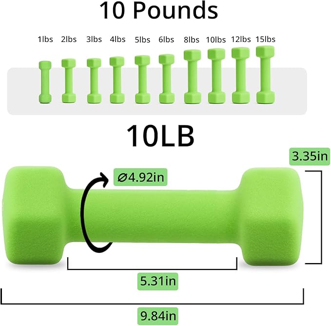Portzon Weights Dumbbells 10 Colors Options Compatible with Set of 2 Neoprene Dumbbells Set,1-15 LB, Anti-Slip, Anti-roll, Hex Shape for Shoulder,Neck, and Hand Training for Seniors