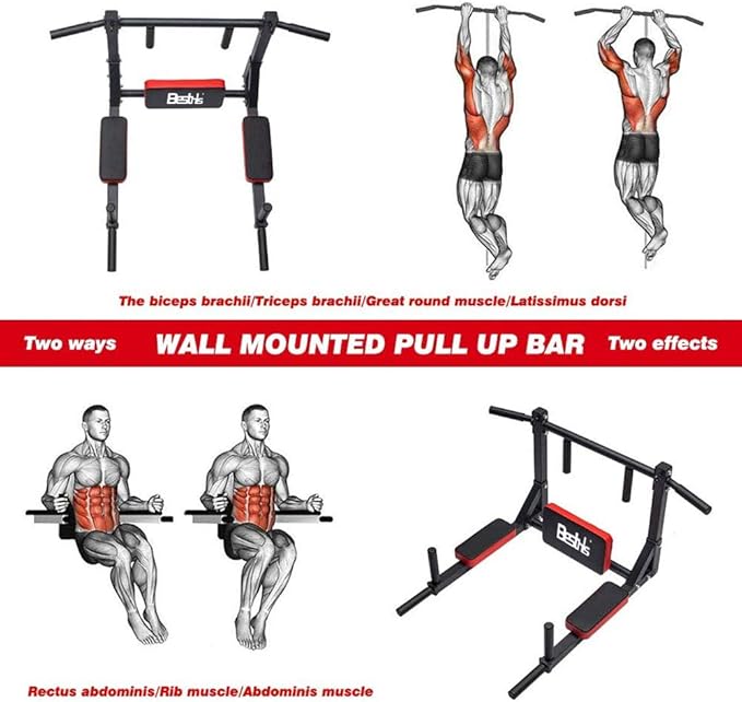 BESTHLS Wall Mounted Pull Up Bar and Dip Station 440 Lbs