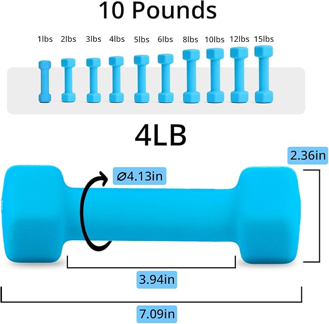 Portzon Weights Dumbbells 10 Colors Options Compatible with Set of 2 Neoprene Dumbbells Set,1-15 LB, Anti-Slip, Anti-roll, Hex Shape for Shoulder,Neck, and Hand Training for Seniors