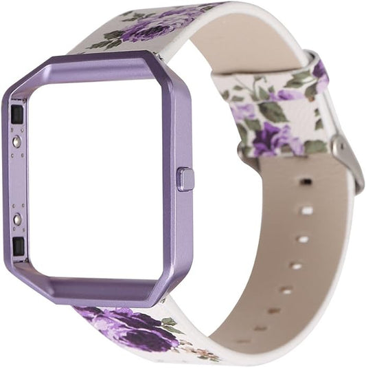 Women Flower Strap for Fitbit Blaze Bands, Genuine Soft Leather Replacement Wristband Bracelet Metal Frame for Fitbit Blaze Smart Fitness Watch