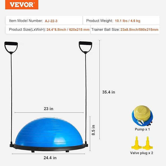 VEVOR Half Exercise Ball Trainer, 23/26 inch Balance Ball Trainer, 1500lbs Capacity Stability Ball, Yoga Ball with Resistance Bands & Foot Pump, Strength Fitness Ball for Home Gym Full Body Workout Black