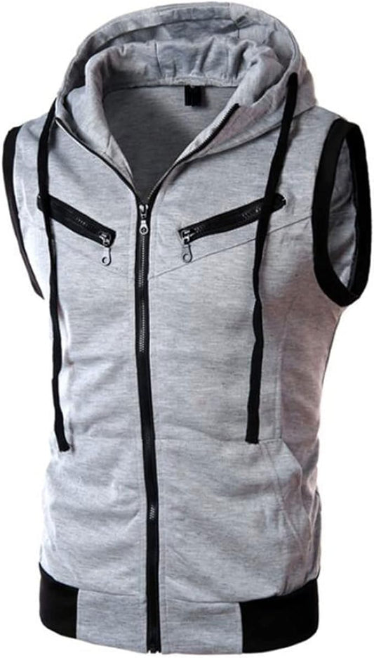 Previn Men's Sleeveless Hoodie Casual Slim Fit Zip Up Drawstring Plain Tank Top Hooded Vests