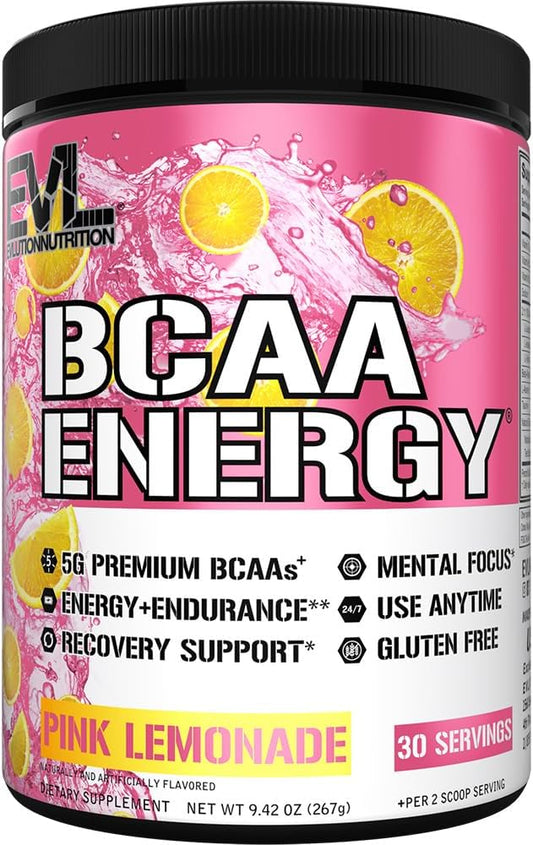 EVL BCAAs Amino Acids Powder - BCAA Energy Pre Workout Powder for Muscle Recovery Lean Growth and Endurance - Rehydrating Post Workout Recovery Drink with Natural Caffeine - Pink Lemonade