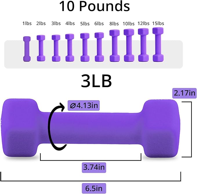 Portzon Weights Dumbbells 10 Colors Options Compatible with Set of 2 Neoprene Dumbbells Set,1-15 LB, Anti-Slip, Anti-roll, Hex Shape for Shoulder,Neck, and Hand Training for Seniors
