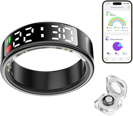 Smart Ring Health Tracker with LED Display Screen, IP68 Waterproof Fitness Tracker, Bluetooth Connection Health Ring Compatible with iOS/Android, Activity Tracker/Heart Rate/Blood Oxygen/Sleep/Step