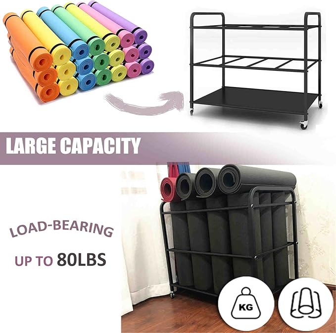 Yoga Mat Storage Rack Basket Workout Equipment Home Gym Storage Rack with Wheels Yoga Mat Holder Exercise & Fitness Organizer for Dumbbell Kettlebells Resistance Bands Yoga Blocks Foam Roller