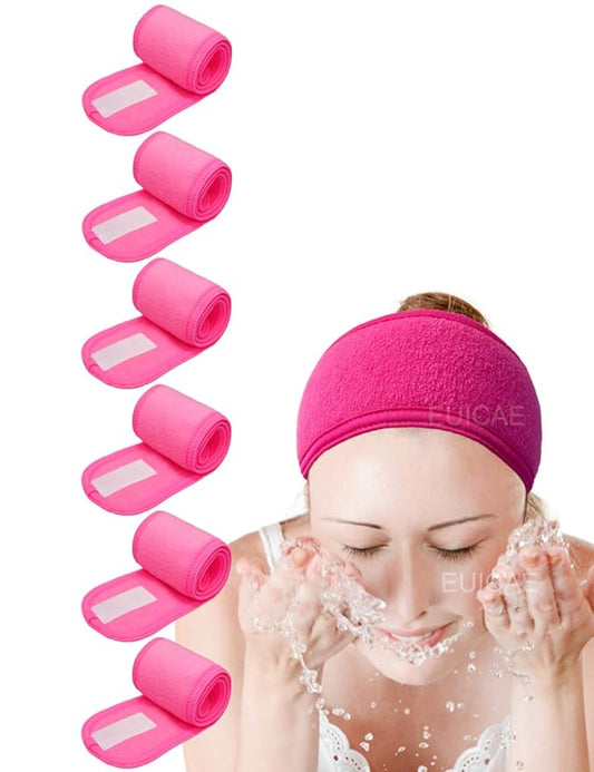 EUICAE Hairband, Pack of 6 - Hot Pink Spa Headband, Adjustable Size, Soft Terry Cloth, Washer & Dryer Friendly, Makeup, Sport, Hair Care, Salon, Gym, Yoga, Dance, Adults