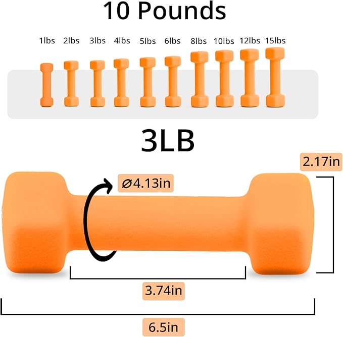 Portzon Weights Dumbbells 10 Colors Options Compatible with Set of 2 Neoprene Dumbbells Set,1-15 LB, Anti-Slip, Anti-roll, Hex Shape for Shoulder,Neck, and Hand Training for Seniors