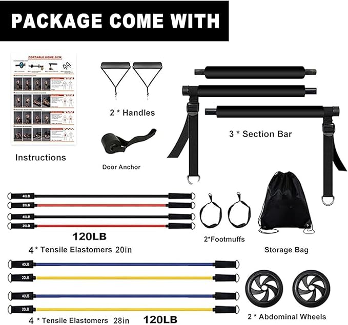 Ultimate Pilates bar kit.Multiple Fitness bar with Resistance Bands, Ab Rollers. Core Strength Training Equipment. Squat Machine for Men and Women. Portable Home Gym