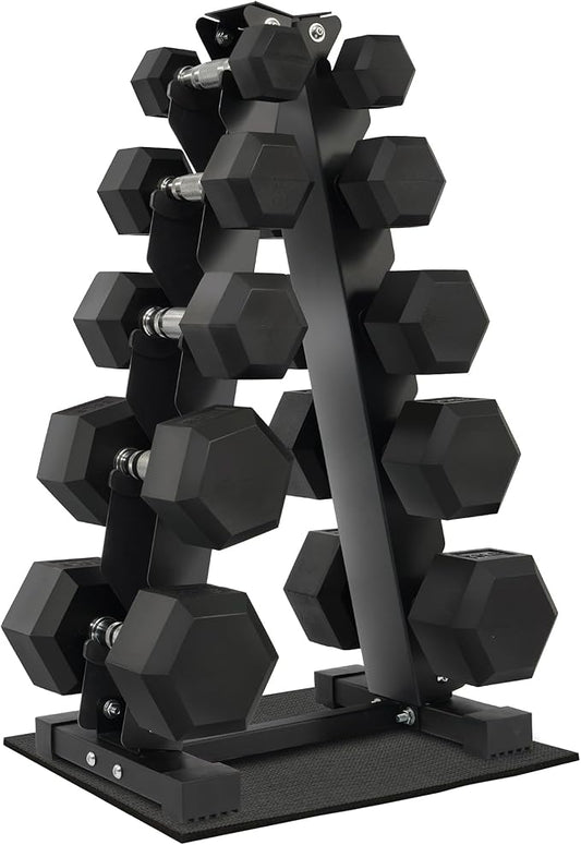 Rubber Coated Hex Dumbbell Weight Set and Storage Rack, 100LB Set or 150LB Set, 5-20 lbs Pairs or 5-25 lbs Pairs