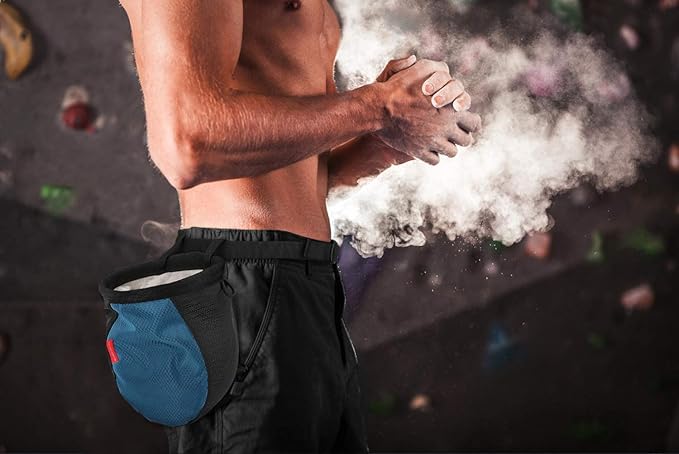 Rhino Valley Climbing Chalk Bag, No Leak Drawstring Chalk Bag with Adjustable Belt, Carabiner Clip and Zippered Pockets Chalk Bag for Climbing, Cross Fit, Weight Lifting & More
