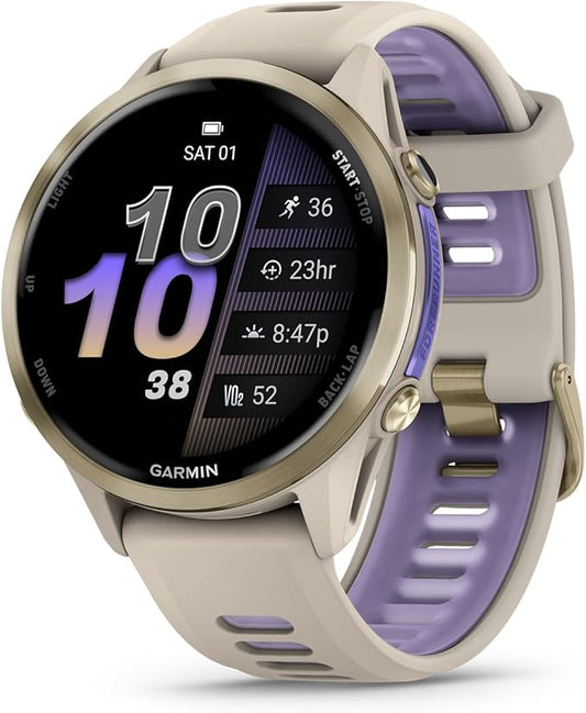 Garmin® Forerunner® 970, Premium GPS Running and Triathlon Smartwatch, AMOLED Display, Built-in LED Flashlight, Soft Gold Titanium with French Gray Case and French Gray/Translucent Indigo Band