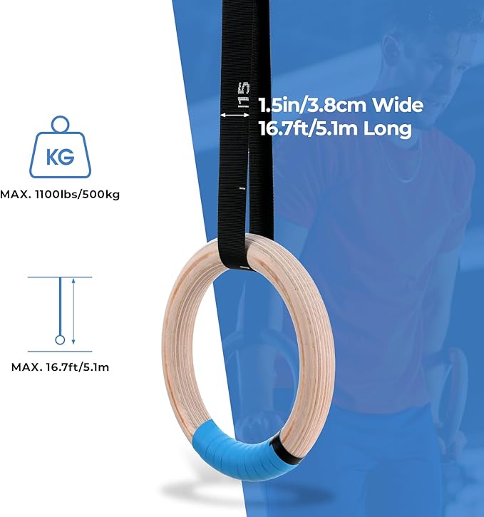 LIFERUN Gymnastics Rings 1100lbs with 16.7ft Long