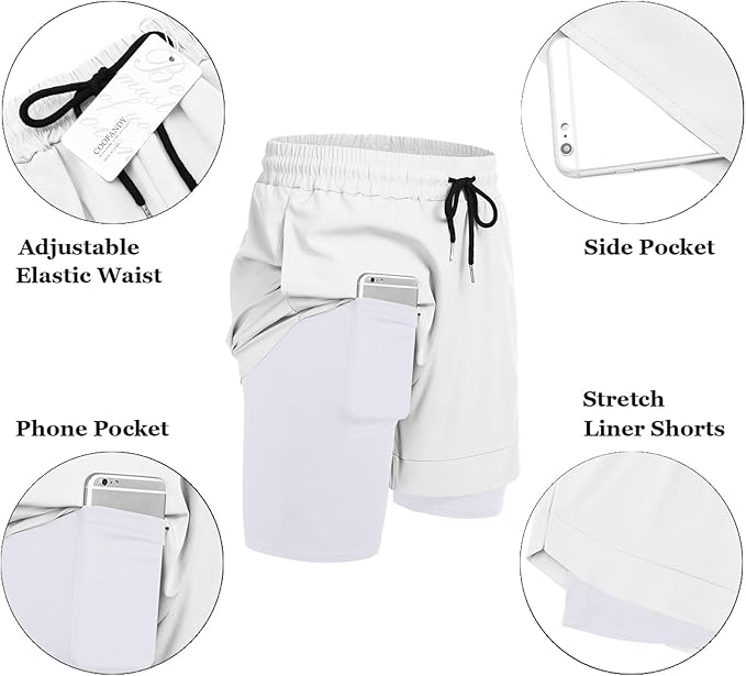COOFANDY Men's 2 Pack Running Shorts 2 in 1 Workout Shorts Quick Dry Gym Training Athletic Jogger with Phone Pockets
