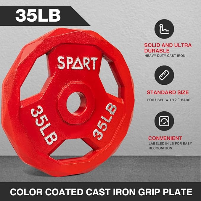 SPART Color Coded Weight Plate 2-Inch Cast Iron 2.5/5/10/15/25/35/45LB, Single/Pair/Set