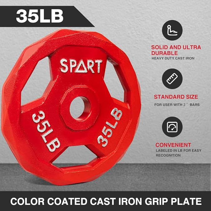 SPART Color Coded Weight Plate 2-Inch Cast Iron 2.5/5/10/15/25/35/45LB, Single/Pair/Set