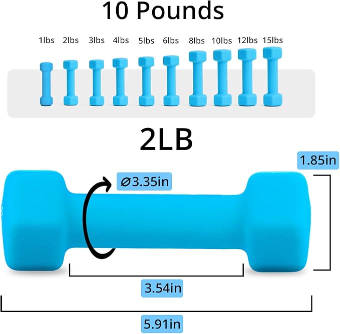 Portzon Weights Dumbbells 10 Colors Options Compatible with Set of 2 Neoprene Dumbbells Set,1-15 LB, Anti-Slip, Anti-roll, Hex Shape for Shoulder,Neck, and Hand Training for Seniors