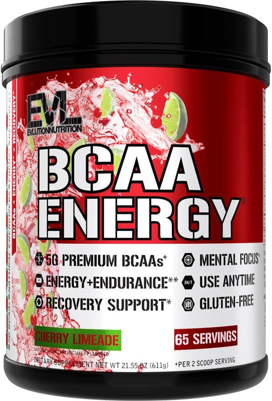 EVL BCAAs Amino Acids Powder - BCAA Energy Pre Workout Powder for Muscle Recovery Lean Growth and Endurance - Rehydrating Post Workout Recovery Drink with Natural Caffeine - Cherry Limeade