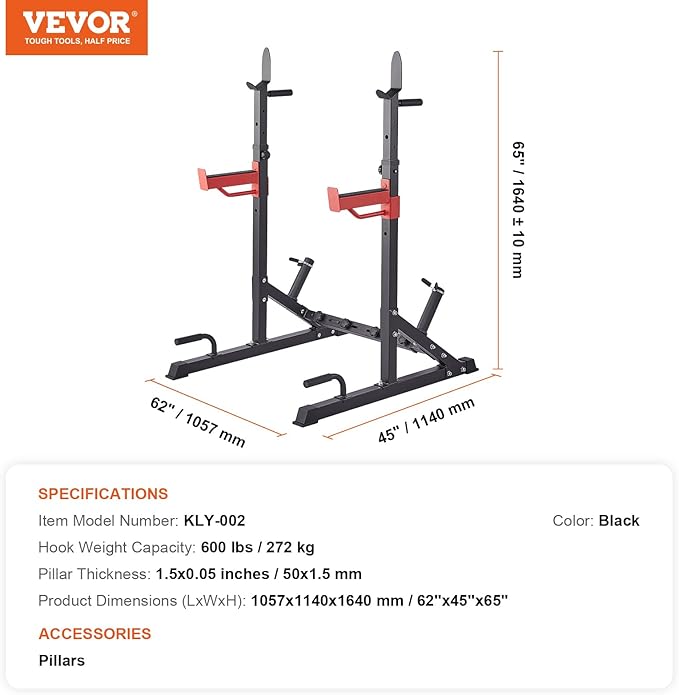 VEVOR Squat Stand - Multi-Functional Power Rack with Pull Up Bar, Hook, and Weight Plate Storage Attachment, Adjustable Power Rack Cage for Home Gym Equipment