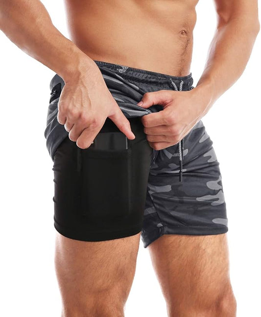 EVERWORTH Men's 2-in-1 Bodybuilding Workout Shorts Lightweight Gym Training Short Running Athletic Jogger with Zipper Pockets