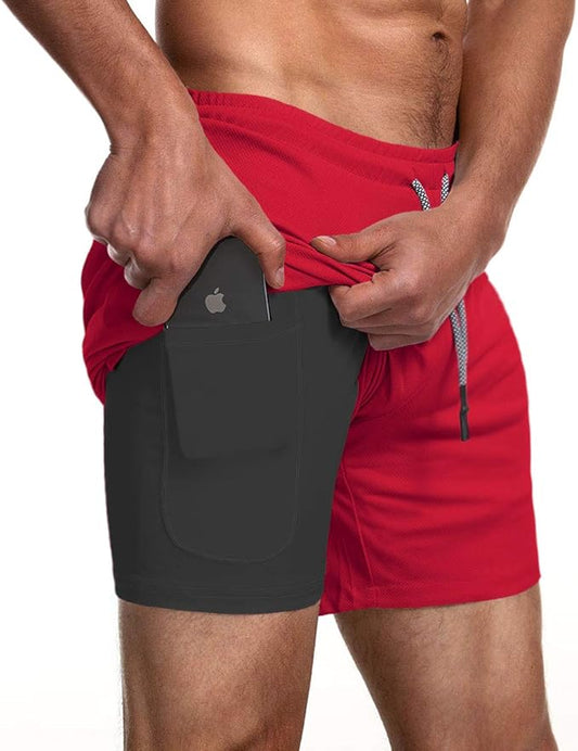 EVERWORTH Men's 2-in-1 Bodybuilding Workout Shorts Lightweight Gym Training Short Running Athletic Jogger with Zipper Pockets