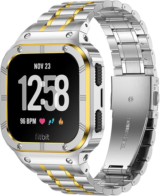 Stainless Steel Watch Band with Case Compatible for Fitbit Versa/Fitbit Sense Bands, Rugged Protective Bumper Metal Wristbands for Men Women