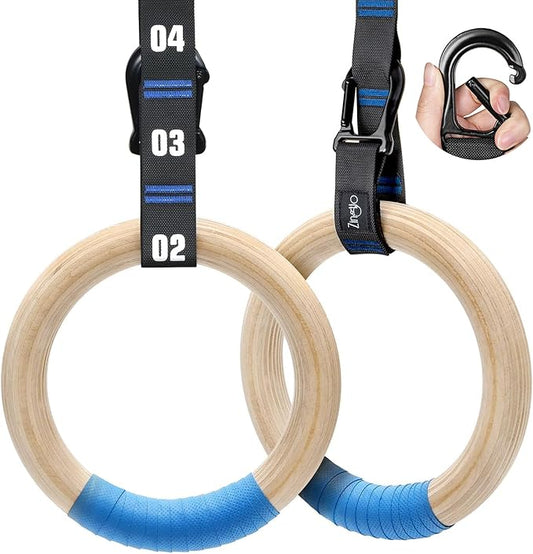 Wooden Gymnastic Rings with Adjustable Numbered Straps. 1.25'' 8.5ft Exercise