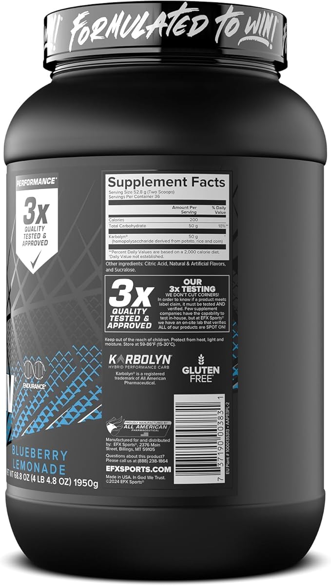 EFX Sports Karbolyn Fuel | Fast-Absorbing Carbohydrate Powder | Carb Load, Sustained Energy, Quick Recovery | Stimulant Free | 36 Servings (Blueberry Lemonade)