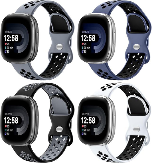 Maledan 4 Pack Sport Band Compatible With Fitbit Versa 3/4 and Sense/Sense 2 Smart Watch, Soft Wristband Replacement Accessories for Women and Men