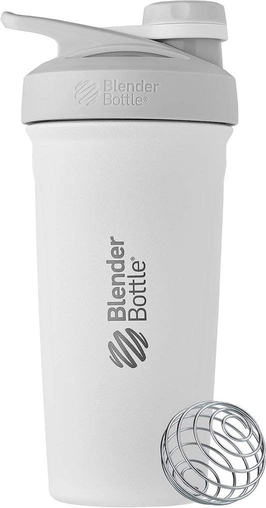 BlenderBottle Strada Twist Cap Shaker Cup Insulated Stainless Steel Water Bottle with Wire Whisk, 24-Ounce, White
