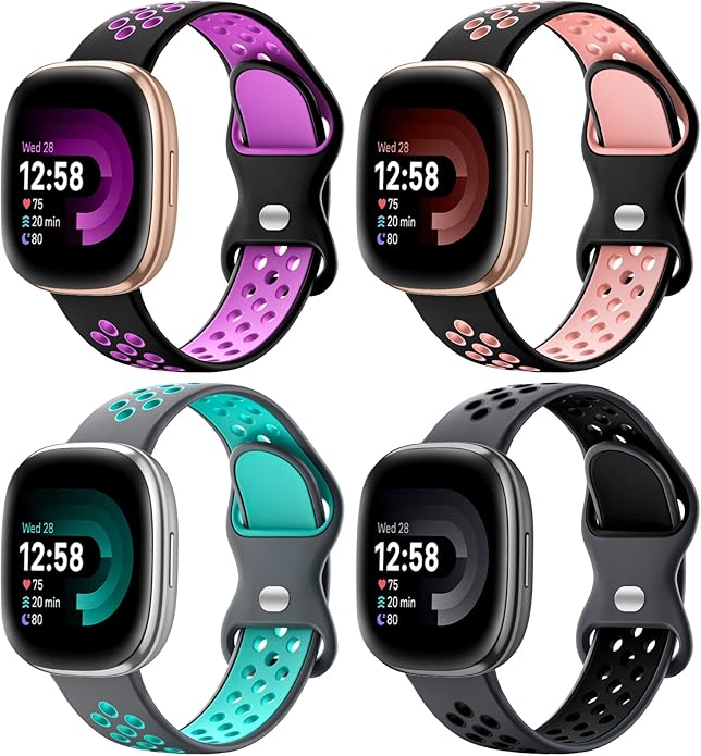 Maledan 4 Pack Sport Band Compatible With Fitbit Versa 3/4 and Sense/Sense 2 Smart Watch, Soft Wristband Replacement Accessories for Women and Men