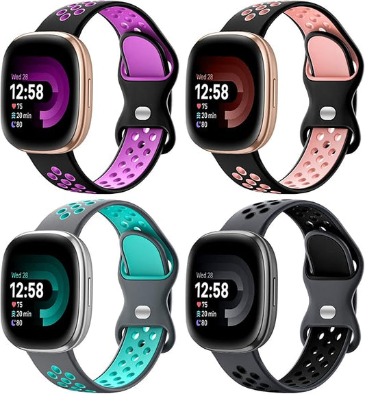 Maledan 4 Pack Sport Band Compatible With Fitbit Versa 3/4 and Sense/Sense 2 Smart Watch, Soft Wristband Replacement Accessories for Women and Men