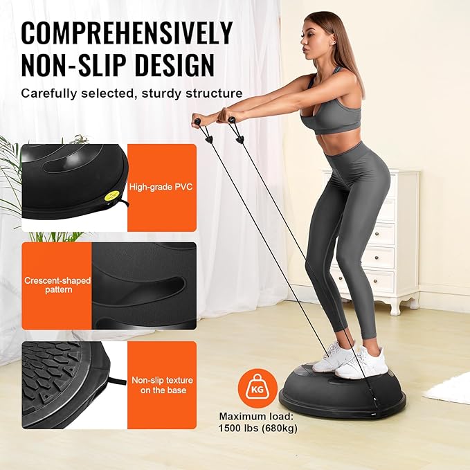 VEVOR Half Exercise Ball Trainer, 23/26 inch Balance Ball Trainer, 1500lbs Capacity Stability Ball, Yoga Ball with Resistance Bands & Foot Pump, Strength Fitness Ball for Home Gym Full Body Workout Black