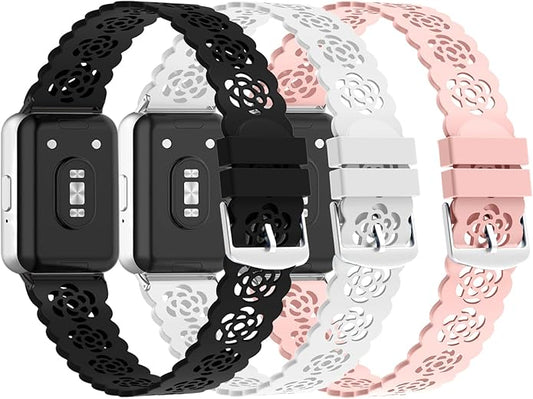 3 Pack Sport Bands Compatible with Samsung Galaxy Fit 3, Slim Lace Breathable Rose Hollowed-out & Leopard Engraved Silicone Replacement Straps Wristbands for Galaxy Fit3 SM-R390 Smart Watch Women Men