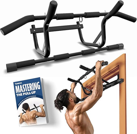 DMoose Fitness Pull Up Bar for Doorway - Upto 250 Lbs Capacity, No Screwing or Slipping, Hanging Pullup & Chin Up Bar for Door Frame - Padded Grips for Strength Training - Installation Guide Included