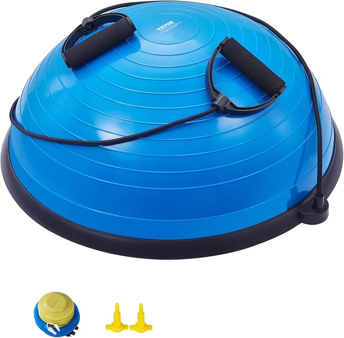 VEVOR Half Exercise Ball Trainer, 23/26 inch Balance Ball Trainer, 1500lbs Capacity Stability Ball, Yoga Ball with Resistance Bands & Foot Pump, Strength Fitness Ball for Home Gym Full Body Workout Black