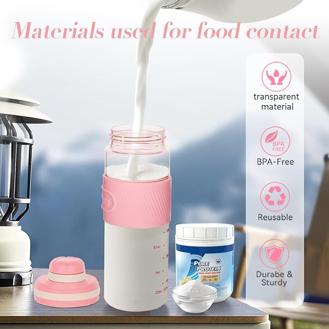Shaker Bottle - 650ml/23oz, Durable & Leak-Proof, Perfect for Super Creamy Fitness Protein Shakes - Pink