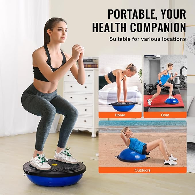 VEVOR Half Exercise Ball Trainer, 23/26 inch Balance Ball Trainer, 1500lbs Capacity Stability Ball, Yoga Ball with Resistance Bands & Foot Pump, Strength Fitness Ball for Home Gym Full Body Workout Black