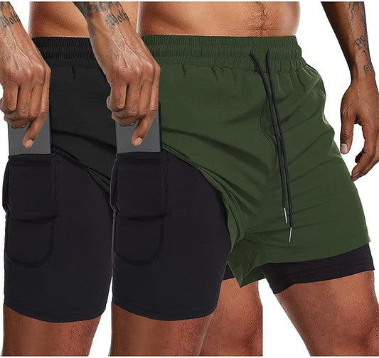 COOFANDY Men's 2 Pack Running Shorts 2 in 1 Workout Shorts Quick Dry Gym Training Athletic Jogger with Phone Pockets
