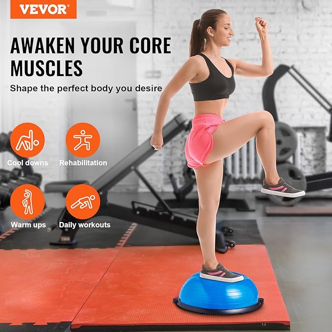 VEVOR Half Exercise Ball Trainer, 23/26 inch Balance Ball Trainer, 1500lbs Capacity Stability Ball, Yoga Ball with Resistance Bands & Foot Pump, Strength Fitness Ball for Home Gym Full Body Workout Black