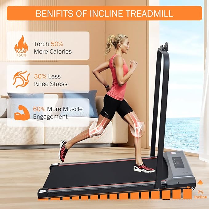 Walking Pad with 7% Incline and APP&Remote Control,300+lb Capacity Under Desk Treadmill 2.5HP Treadmill,10 HIIT Modes Treadmills for Home Office