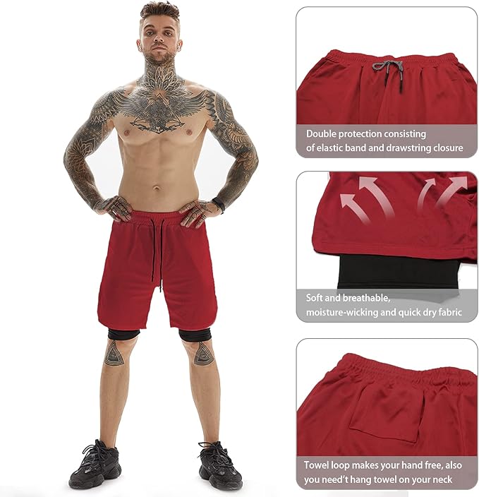 OEBLD Mens Athletic Shorts 2-in-1 Gym Workout Running 7'' Shorts with Towel Loop