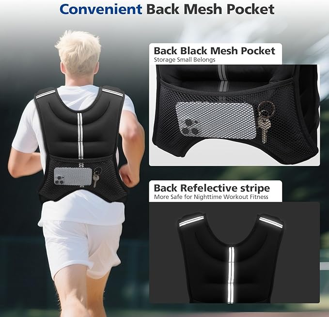 Weighted Vest 8/12/16/20 Lb Weight Vest for Woman Men Sport Weighted Vest with Reflective Stripe Adjustable Buckle Straps Back Mesh Pocket for Workout Strength Training Walking Running