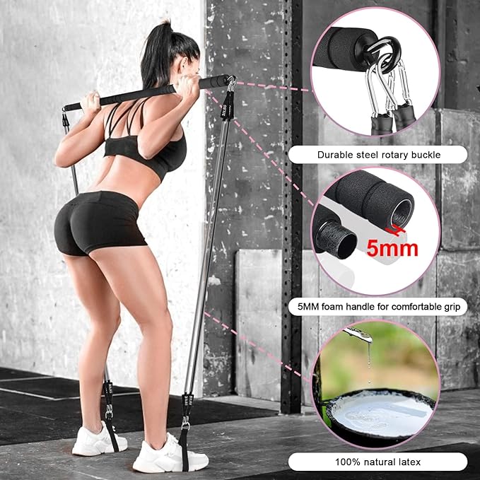 Pilates Bar Kit with Resistance Band-Multifunctional Portable Weighted Exercise Pilates Bar, Home Gym with Beginner Workout Equipment, Yoga Set for Full Body